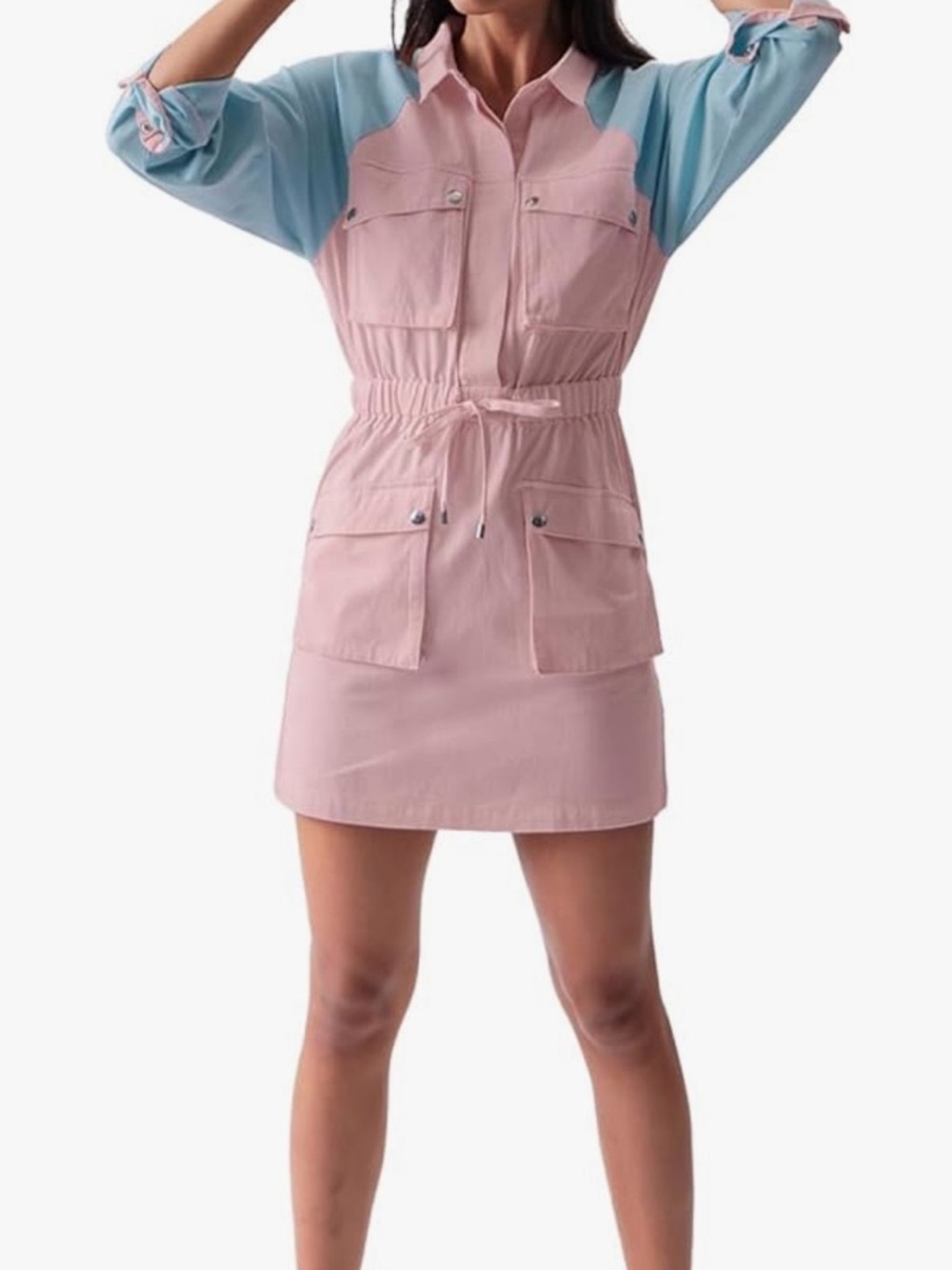 Color-Block Pink & Light Blue Drawstring Shirt Dress